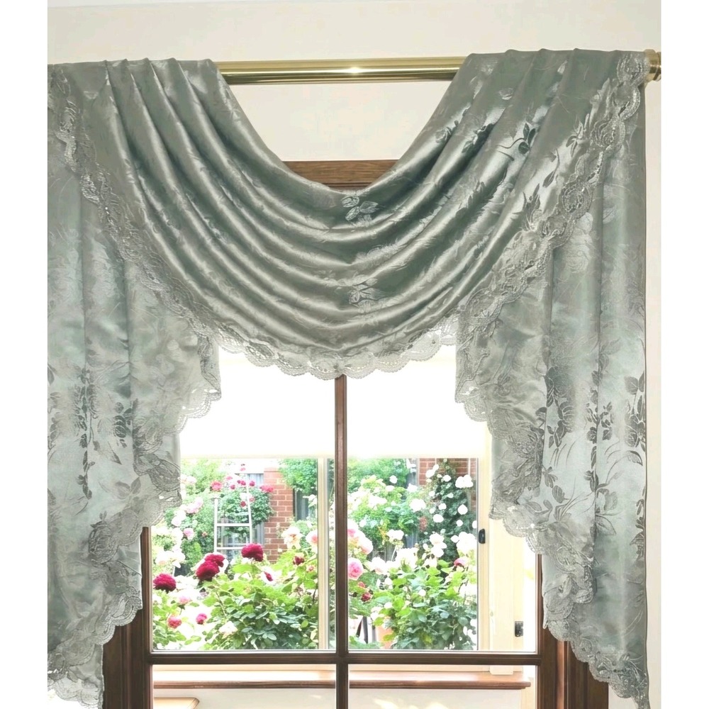 Custom Made Silvery Sage Green Rose/Jacquard/Damask Swag Scalloped Edge 18'X10'